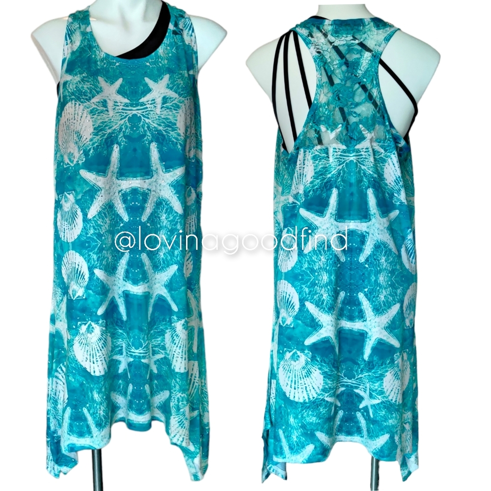 India Boutique Shark Bite Nautical Seashell Swim Cover Up Tunic Caftan EUC OSFM